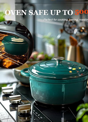 Overmont Enameled Cast Iron Dutch Oven - 5.5QT Pot with Lid Cookbook & Cotton Potholders - Heavy-Duty Cookware for Braising, Stews, Roasting, Bread Baking bottle green