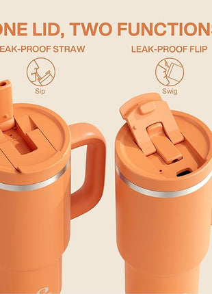 32 oz Tumbler with Handle and Straw: Stainless Steel Insulated Tumbler Keeps Cold for 24 Hours, Leakproof Travel Cup Fits in Cup Holder and BPA-Free,Moderate Orange