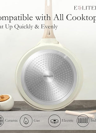 ESLITE LIFE 11 Inch Crepe Pan with Spreader, Nonstick Ceramic Flat Skillet Dosa Tawa Comales Para Tortillas Pancake Pan, PTFE & PFOA Free, White