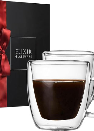 ELIXIR GLASSWARE Double Wall Espresso Shot Glass - 5.4 oz - Set of 2 Glass Coffee Mugs - Double Walled Glass Coffee Mugs, Insulated Clear Glass Espresso Mugs, Double Wall Insulated Glasses