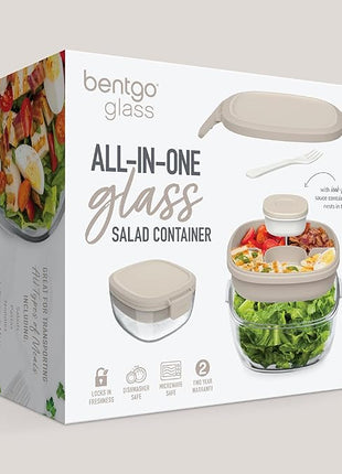 Bentgo Glass All-in-One Salad Container - Large 61-oz Salad Bowl with Lid, 4-Compartment Bento-Style Tray, 3-oz Sauce Container, & Reusable Fork - Dishwasher, Microwave, & Oven Safe (White Stone Tan)