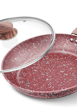 KOCH SYSTEME CS 12" Red Granite Non-Stick Frying Pan with Lid, Classic Pans with Non-toxic Nonstick Coating, Aluminum Skillet with Heat-resistant Bakelite Handle, Induction Compatible Frying Pan