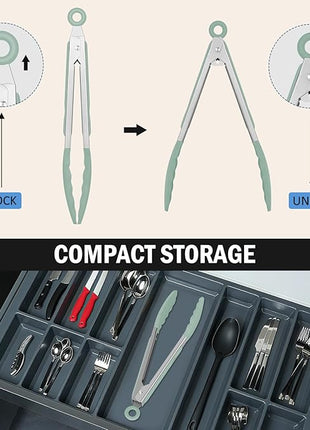 Kitchen Tongs, Set of 3 Stainless Steel Tongs with Silicone Tips Locking Cooking Tongs 600ºF Heat Resistant Tong for Cooking BBQ Grilling Air Fryer Serving Food Salads, 7"+9"+12" Light Green