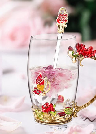 OEAGO Gifts for Women Mom Mothers Tea Cup Best Birthday Butterfly Rose Gifts for Her from Daughter Son Glass Coffee Christmas Enamels Mug Lead-Free with Spoon Set