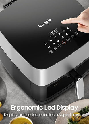 Iceagle Stainless Steel Air Fryer 9 Quart - Airfryer XXL with Large Viewing Window, Dual Heating Elements, 12-in-1 Function to Roast, Bake, Broil, Defrost, Reheat, Dishwasher-Safe Parts, 1700W, Siver