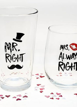 Funny Mr. Right and Mrs. Always Right Novelty Wine Glass and Beer Glass | Includes Fun, Stylish Gift Box | For Weddings, Engagement, Newlywed, Bachelorette, Anniversary, Couples Gifts