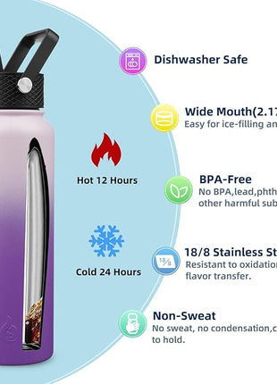 BJPKPK Insulated Water Bottles with Straw Lid, 40oz Cold & Hot Thermo, Stainless Steel Metal Water Bottle with 3 Lids, Reusable Thermo, Cups, Mugs, Tumblers -Violet