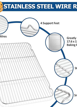 TeamFar Baking Sheet with Rack Set, Stainless Steel Baking Pan Cookie Sheet with Cooling Rack, Size 17.6 x 13 x 1inch, Non Toxic & Heavy Duty, Easy Clean & Dishwasher Safe