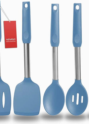 Silicone Spatula and Cooking Spoon,5 Pack Solid & Slotted Spoons and Spatulas High Heat resitant for Kitchen, Stainless Steel Handle Coated with Silicone, Non Stick Utensil, Starry blue