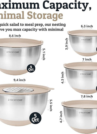 Priority Chef Stainless Steel Mixing Bowls with Lids Set, Metal Nesting Bowls with Airtight Lids, Graters, Non-Slip Base & Measurement Marks, Includes Utensil Set for Prep, Baking & Storage, Khaki