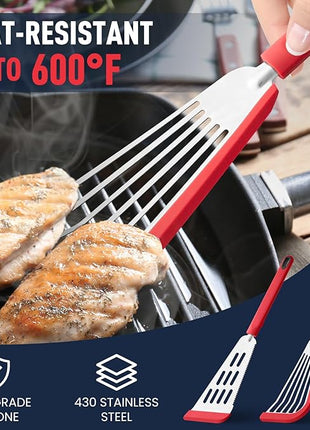 Silicone Fish Spatula Turner Set of 2,2-in-1 Heat Resistant Silicone Slotted Fish Spatulas for Nonstick Cookware,Flexible Thin Stainless Steel Slotted Fish Turner Spatula Flipper for Fish,Egg,Pancake