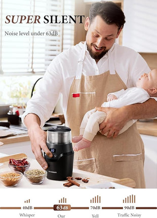 SHARDOR Adjustable Coffee Grinder Electric, Super Silent Electric Coffee Bean Grinder with Time-Memory Adjustment and Multi-Functional Stainless Steel Cup for Spices, Herbs, and Nuts Grinding, Gray