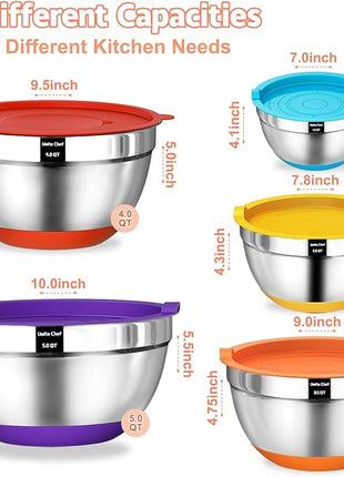 Umite Chef Mixing Bowls with Airtight Lids Set, 8PCS Stainless Steel Nesting Bowls Set, 3 Grater Attachments & Non-Slip Bottoms, Size 5, 4, 3.5, 2, 1.5QT for Baking & Mixing(Colorful)