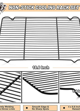 P&P CHEF Cooling Baking Rack Pack of 2, Stainless Steel Cooling Racks for Cooking Baking Roasting Grilling Drying, Dense Wires & Smooth Edge, Easy to clean, Black, 16.6" x 11.5"