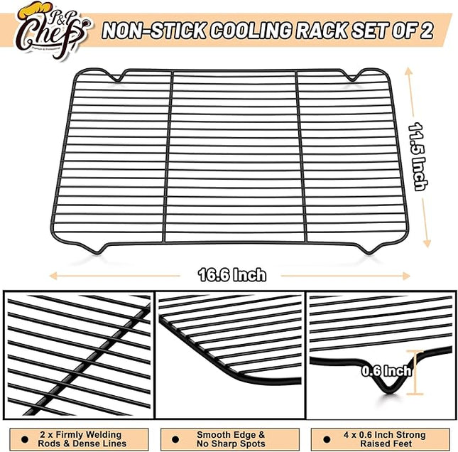 P&P CHEF Cooling Baking Rack Pack of 2, Stainless Steel Cooling Racks for Cooking Baking Roasting Grilling Drying, Dense Wires & Smooth Edge, Easy to clean, Black, 16.6" x 11.5"