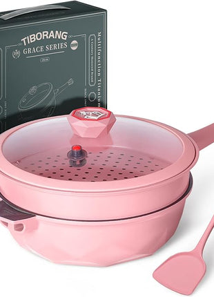 TIBORANG 8 in 1 Multipurpose 11 Inch 5 Quart Heat Indicator Nonstick Deep Frying Pan with Glass Lid, Stay-cool Handle, Steamed Grid, PFOA-Free,Dishwasher and Oven Safe,Works with All Stovetops (Pink)