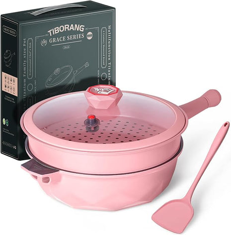 TIBORANG 8 in 1 Multipurpose 11 Inch 5 Quart Heat Indicator Nonstick Deep Frying Pan with Glass Lid, Stay-cool Handle, Steamed Grid, PFOA-Free,Dishwasher and Oven Safe,Works with All Stovetops (Pink)