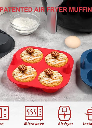 Webake 3PCS Silicone Air Fryer Muffin Pan for Baking 4 Cavity Air Fryer Egg Bites Silicone Mold, Nonstick BPA Free Muffin Tins