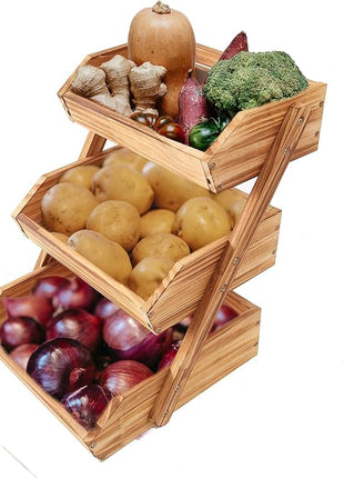 3 Tier Wooden Fruit Basket For Kitchen, Bread Vegetable Fruit Basket Bowl Stand, Farmhouse Fruit Bowl for Countertop, Large