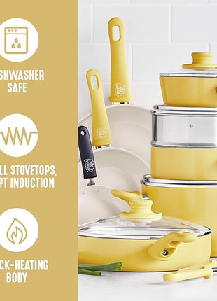GreenLife 16 Piece Nonstick Cookware Set, Soft Grip Non-Toxic PFAS-Free Ceramic Pots & Pans, Dishwasher & Oven Safe, Frying, Sauce, Saute, Utensils, Glass Lids, Stay-Cool Handles, Wobble Free, Yellow