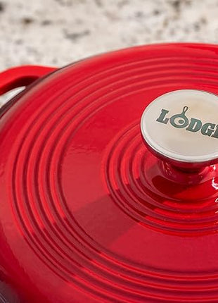 Lodge 4.5 Quart Enameled Cast Iron Dutch Oven with Lid – Dual Handles – Oven Safe up to 500° F or on Stovetop - Use to Marinate, Cook, Bake, Refrigerate and Serve – Island Spice Red