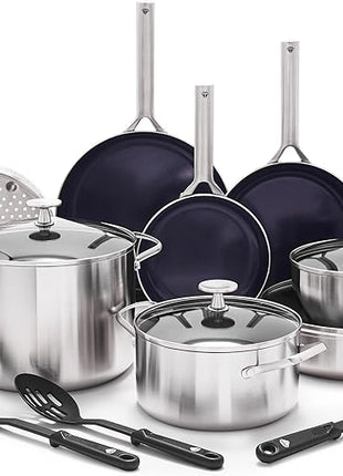 Blue Diamond 15 Piece Stainless Steel Tri-Ply Cookware Pots and Pans Set, Induction Compatible, Diamond Infused PFAS-Free Ceramic Nonstick, Dishwasher & Metal Utensil Safe, Scratch Resistant, Silver