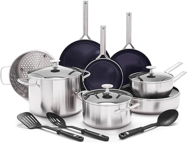 Blue Diamond 15 Piece Stainless Steel Tri-Ply Cookware Pots and Pans Set, Induction Compatible, Diamond Infused PFAS-Free Ceramic Nonstick, Dishwasher & Metal Utensil Safe, Scratch Resistant, Silver