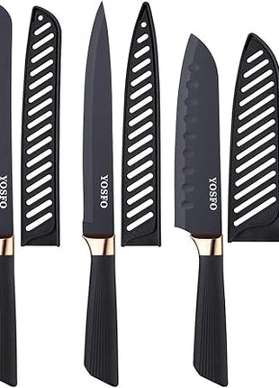 Stainless Steel Chef Knife Set, 6 Piece - Includes 8" Chef, 8" Bread, 7" Santoku, 5" Utility, 8" Carving & 3.5" Paring Knives (Black)