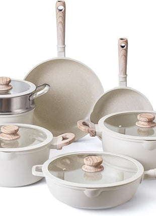 Country Kitchen Non-Stick Cast Aluminum Cookware Set - Durable Kitchen Cookware for Everyday Cooking, Cream Round Handle, 11 Pc.