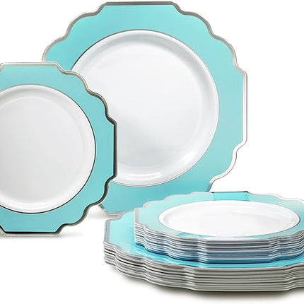 " OCCASIONS " 50 Plates Pack (25 Guests)-Heavyweight Wedding Party Disposable Plastic Plate Set -(25x10.5'' Dinner + 25x8'' Salad/dessert (Imperial Aqua & Silver)