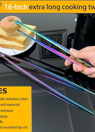 JETKONG 2 Pcs 16-Inch Stainless Steel Fine Tongs Extra Long Chopstick Tongs Long Kitchen Forceps for Cooking (Rainbow)