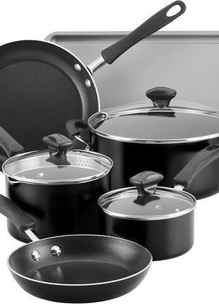 Farberware Cookstart DiamondMax Nonstick Cookware/Pots and Pans Set with Glass Lids, Dishwasher Safe, Includes Baking Pan and Kitchen Cooking Tools, 15 Piece - Black