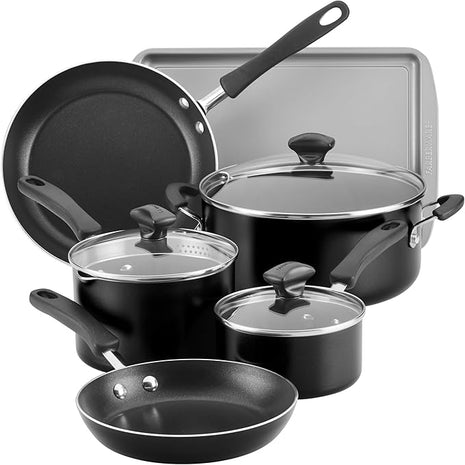 Farberware Cookstart DiamondMax Nonstick Cookware/Pots and Pans Set with Glass Lids, Dishwasher Safe, Includes Baking Pan and Kitchen Cooking Tools, 15 Piece - Black