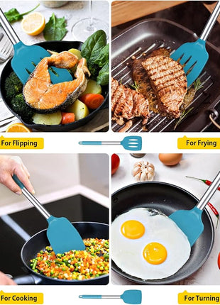 Pack of 2 Silicone Solid Turner, Non Stick Slotted Kitchen Spatulas, High Heat Resistant BPA Free Cooking Utensils, Ideal Cookware for Fish, Eggs, Pancakes(Blue)