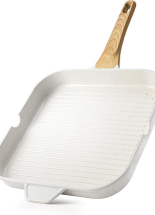 SENSARTE Nonstick Ceramic Grill Pan for Stove Tops, Square Grilling Pan with Pour Spouts, Non Toxic Durable Grill Skillet for All Stoves(Gas,Electric,Induction) PTFE,PFAS,PFOA Free, 12Inch (White)