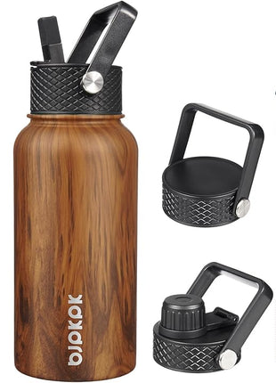 BJPKPK Insulated Water Bottles with Straw Lid, 27oz Stainless Steel Water Bottle with 3 Lids, Leak Proof BPA Free Metal Thermo, Mugs, Tumblers, Keep Cold Hot - Teakwood
