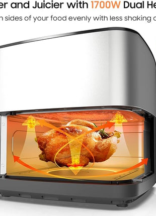 Iceagle Stainless Steel Air Fryer 9 Quart - Airfryer XXL with Large Viewing Window, Dual Heating Elements, 12-in-1 Function to Roast, Bake, Broil, Defrost, Reheat, Dishwasher-Safe Parts, 1700W, Siver