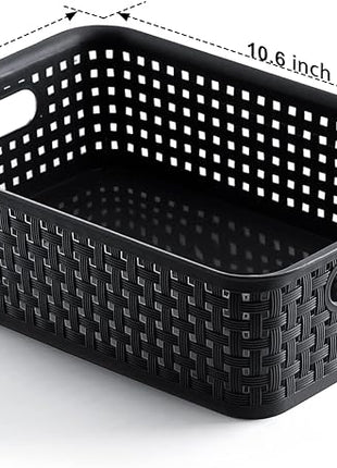 [ 12 Pack ] Plastic Storage Baskets, Small Pantry Organization and Storage Bins, Household Organizers for Laundry Room, Bathrooms, Kitchens, Cabinets, Countertop, Under Sink or Shelves, Black