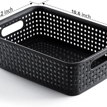 [ 12 Pack ] Plastic Storage Baskets, Small Pantry Organization and Storage Bins, Household Organizers for Laundry Room, Bathrooms, Kitchens, Cabinets, Countertop, Under Sink or Shelves, Black