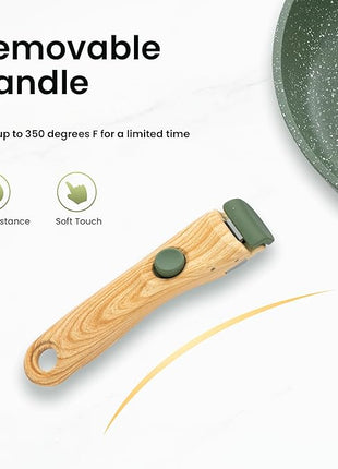 Kitchen Academy Removable Handle Pots and Pans Set - 10 Pieces Green Cookware Set with Removable Handle, RV Induction Cookware Set for Camp