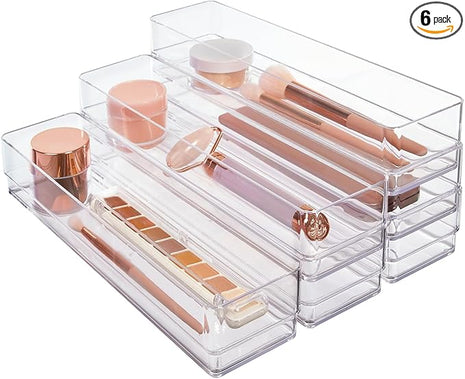STORi SimpleSort 6-Piece Stackable Clear Drawer Organizer Set | 12" x 3" x 2" Rectangle Trays | Narrow Makeup Vanity Storage Bins and Office Desk Drawer Dividers | Made in USA