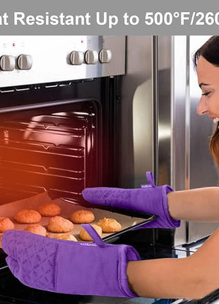 KEGOUU Oven Mitts and Pot Holders 6pcs Set, Kitchen Oven Glove High Heat Resistant 500 Degree Extra Long Oven Mitts and Potholder with Non-Slip Silicone Surface for Cooking (Purple)