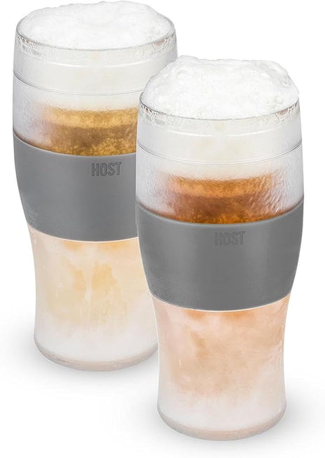 Host Freeze Beer Glasses, Freezable Beer Gifts for Men, Double Wall Insulated Pint Set, Tumbler for Cold Drinks, 16, Set of 2, Gray
