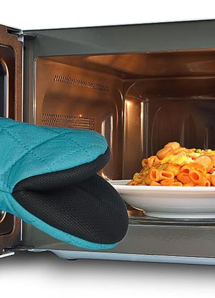 1 Pair Short Oven Mitts, Heat Resistant Silicone Kitchen Mini Oven Mitts for 500 Degrees, Non-Slip Grip Surfaces and Hanging Loop Gloves, Baking Grilling Barbecue Microwave Machine Washable