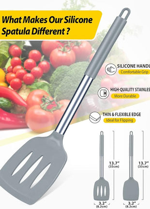 Pack of 2 Silicone Solid Turner, Non Stick Slotted Kitchen Spatulas, High Heat Resistant BPA Free Cooking Utensils, Ideal Cookware for Fish, Eggs, Pancakes(Gray)