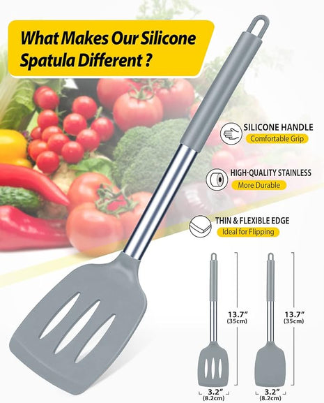 Pack of 2 Silicone Solid Turner, Non Stick Slotted Kitchen Spatulas, High Heat Resistant BPA Free Cooking Utensils, Ideal Cookware for Fish, Eggs, Pancakes(Gray)