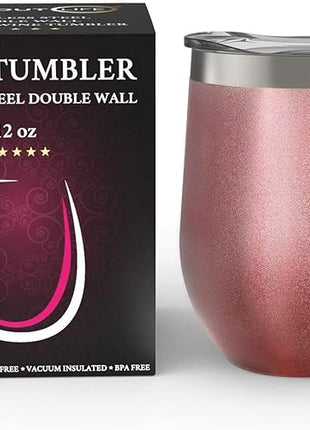 CHILLOUT LIFE 12 oz Stainless Steel Wine Tumbler with Lid - Double Wall Vacuum Insulated Wine Cup Glass Keeping Cold & Hot for Coffee, Champagne, Cocktails, Ice Cream - Rose Gold
