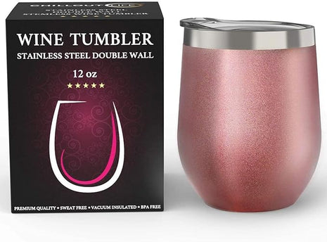 CHILLOUT LIFE 12 oz Stainless Steel Wine Tumbler with Lid - Double Wall Vacuum Insulated Wine Cup Glass Keeping Cold & Hot for Coffee, Champagne, Cocktails, Ice Cream - Rose Gold