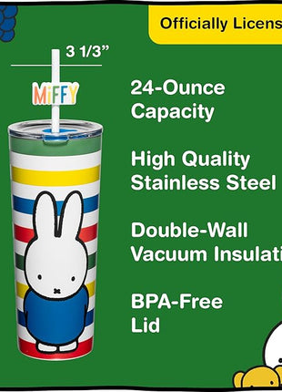 Dragon Glassware | Miffy 24 oz Vacuum Insulated Tumbler with Lid and Straw - Tumbler Cup with 2 Straws - Stainless Steel Tumbler with Straw Topper for Water, Iced Tea - Stripes