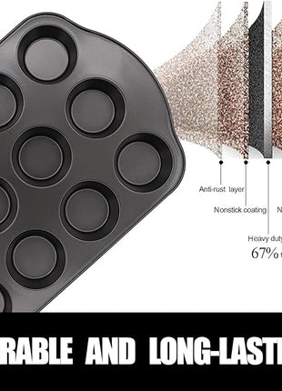 12+24 Muffin Pan Set (2 Pack) - Nonstick Cupcake Tins Dark Gray | Heavy Duty Carbon Steel, Rustproof, Oven Safe Baking Gift